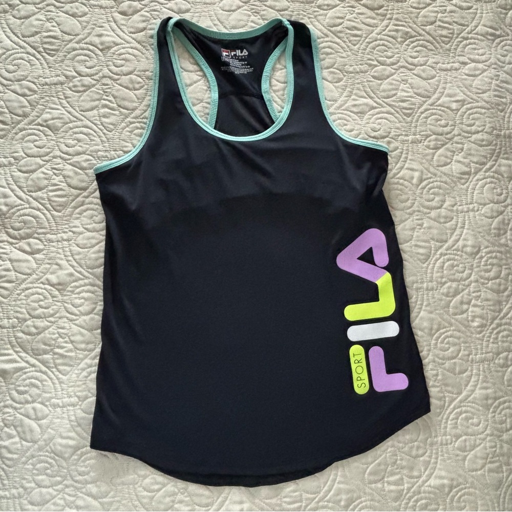 Fila Girl’s Navy Tank Top with Mint and Purple Accents and Built-In Shelf Bra
